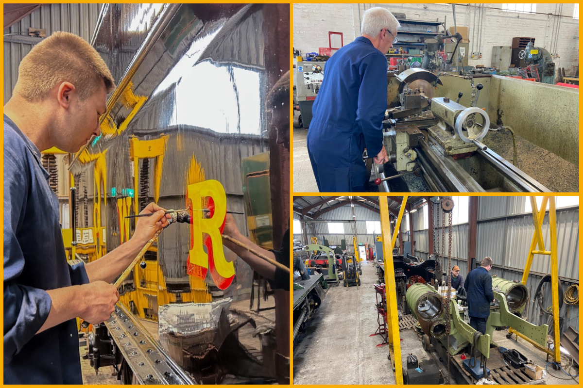 A collage of images photographed by Ian Crowder (left to right) Alex Caulfield painting the decals on a locomotive, volunteers working on steam locomotives.